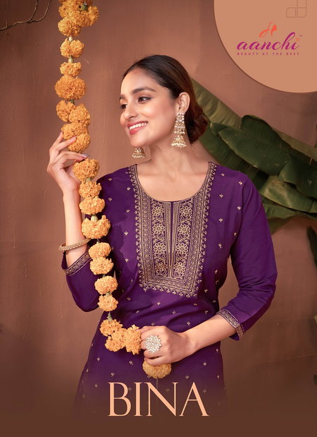 Bina By Aanchi Roman Silk Straight Embroidered Kurti Best Wholesale Shop In Surat